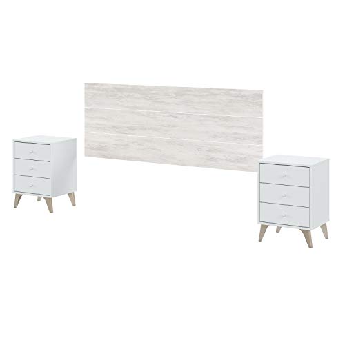 Headboard + Two Bedside Tables, Headboard for Double Bed, Sweet Model, Artik White and Velho White, Measurements: 272 cm (Width) x 116 cm (Height) x 33.5 cm (Depth)
