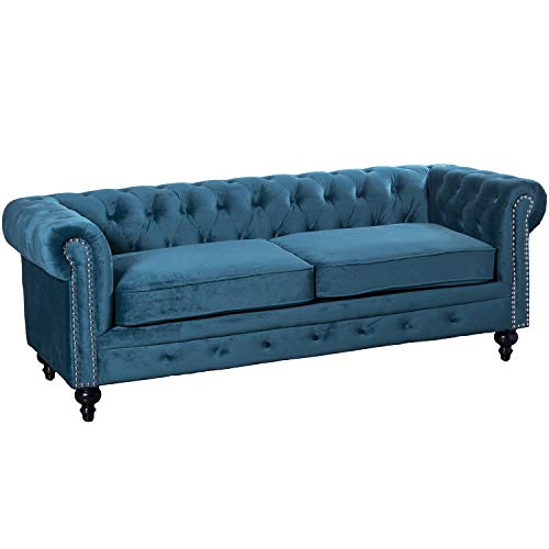 DRW 3 Seater Velvet Chest Sofa with Wooden Legs with 2 Blue Cushions 197x77x70cm
