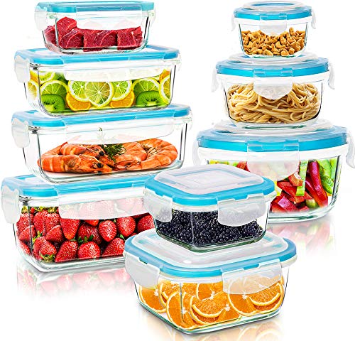 KICHLY Glass Food Containers - 18 Piece (9 Container, 9 Clear Lid) Airtight Glass Tapers - Dishwasher, Microwave, Freezer Safe - FDA and FSC Approved - BPA Free