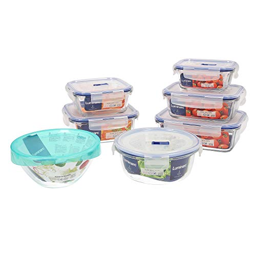 Luminarc Pure Box Active Set 7 hermetic glass containers, Extra Resistant, BPA Free, Microwave valve, 0.38 + 0.76 + 0.82 + 0.92 + (2 x1.22) L + 1 salad bowl 17cm